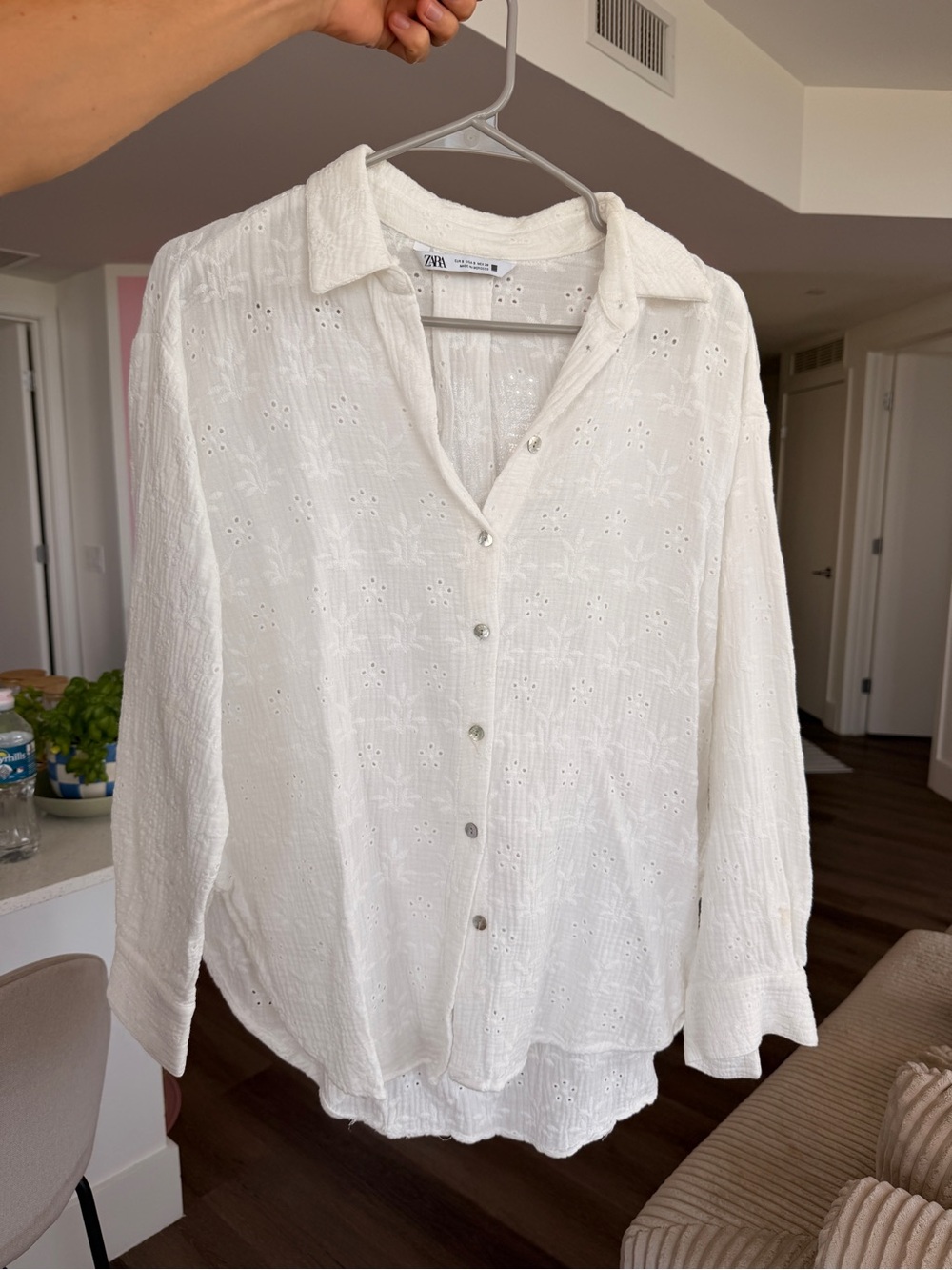 Zara White Eyelet Button-Down Blouse